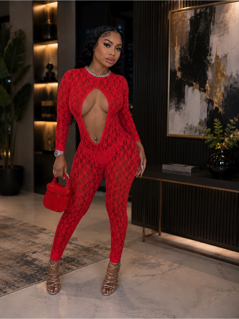 Red Lace Jumpsuit back out